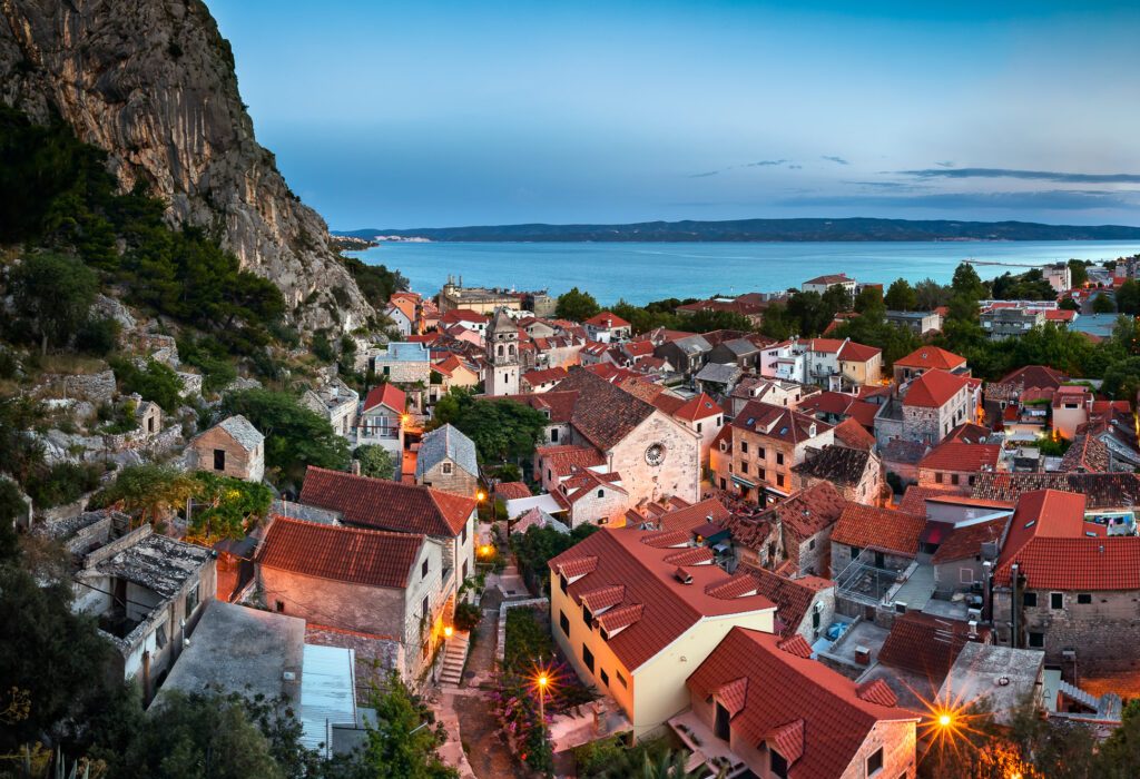 Aerial View of Omis and Church of the Holy Cross in the Evening,