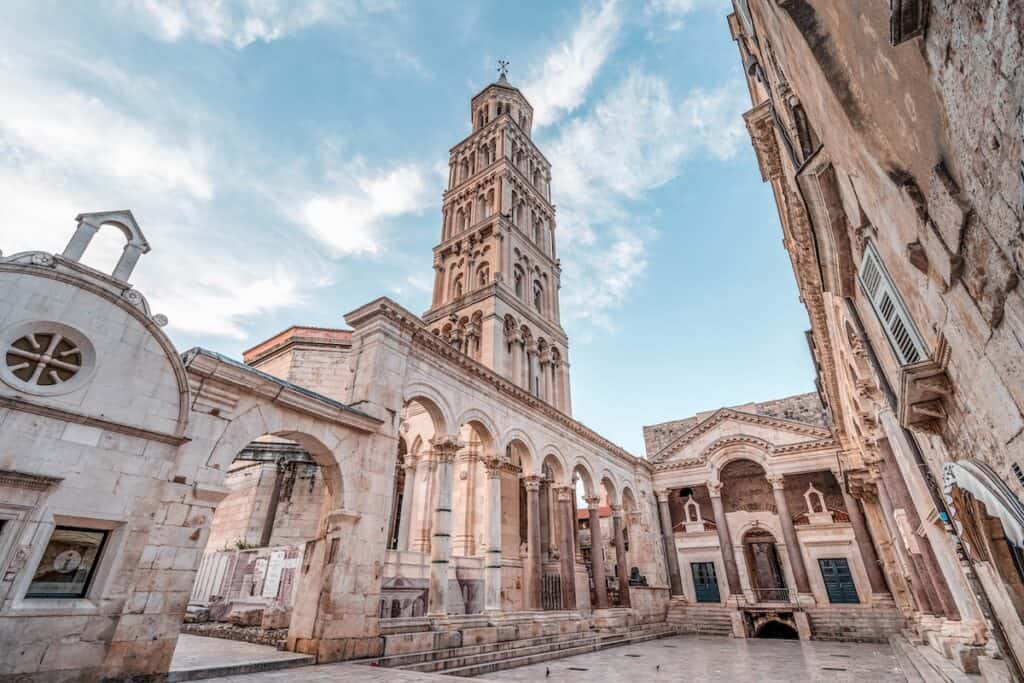 Split, Croatia - Aug 15, 2020: Upward view of Bell tower of Cathedral of St. Domnius in Diocletian's Palace